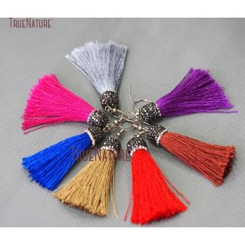 Hot Sale Colorful Tiered Silk Earring Pave Mineral Black Rhinestone Beads Delicate Tassel Dangle Earring In 2.8 inch ER10649