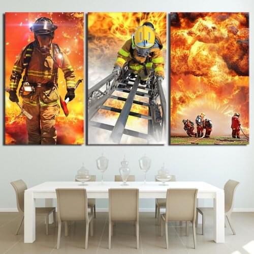 HD Printed 3 Piece Canvas Art Fireman Firefighter Painting Wall Pictures for Living Room Modern Free Shipping