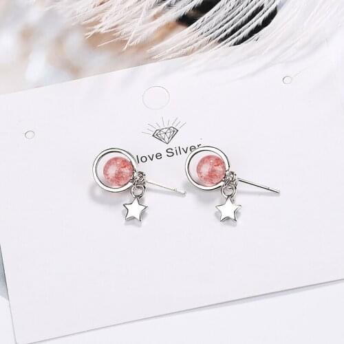 Girls' Lovely Minimal Planet Stud Earrings Pink Strawberry Crystal Beads Tiny Pentagram Star Pendant Cute Earring Stud For Women