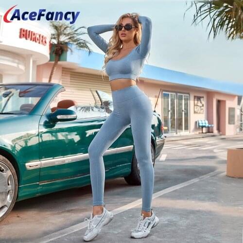 Yoga Set Women Gym Clothing Seamless Long Sleeve Top Yoga Pants Women Solid Color Workout Set ZC4148 2 Piece Workout Clothes
