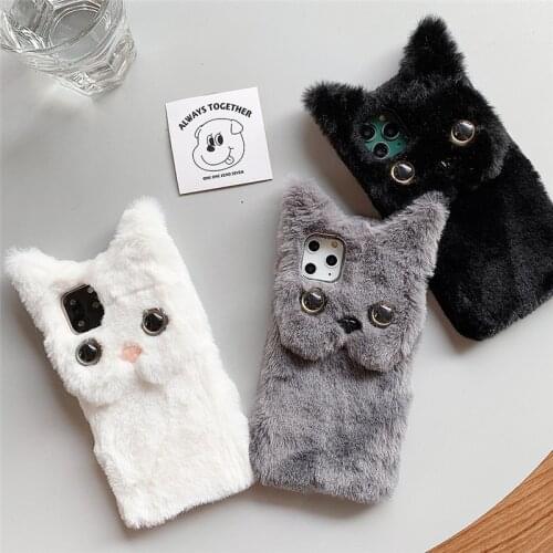 Cat Plush Mobile Phone Case For Samsung J8 J6 A6 A7 A8 A9 2018 A01 Note 20 S20 S30 Ultra Stand Cell Phone Case Cover