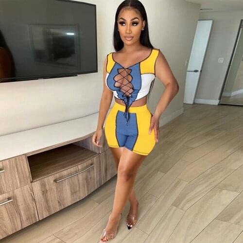 TNNAOFF Rib Patchwork 2 Piece Tracksuits Women Set Hollow Out Bandage Tank Sexy Biker Shorts Vacation Club Casual Matching Sets