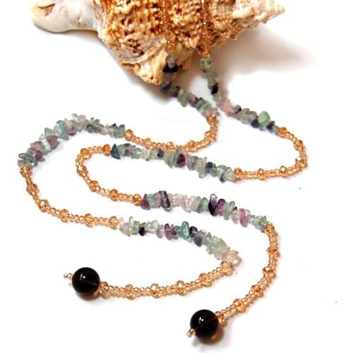 Hot sell open style Natural fluorite golden glass crystal sweater long chain necklace fashion jewelry