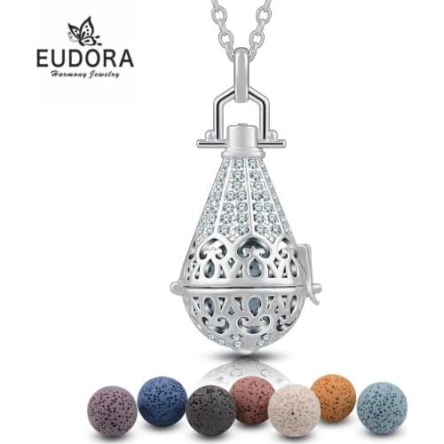 EUDORA Copper fashion Water Drop Pendant Necklace Crystal Locket Cage with Volcanic Lava Stone Ball Women Pendants K113N16