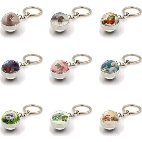 Cute Hedgehog Keychain Pendant Cabochon Time Jewel Glass Ball Metal Keychain Animation Cartoon Keyring Jewelry
