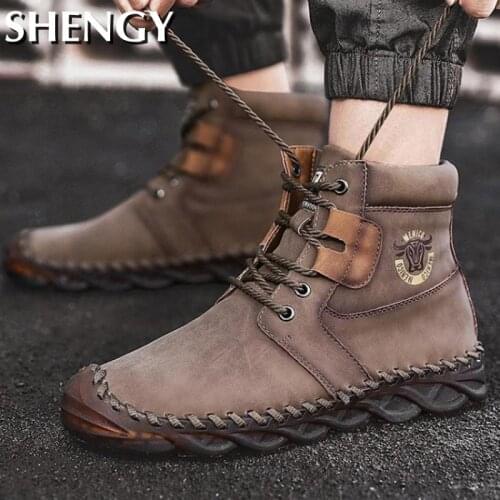 Man Ankle Boot Fur Winter Waterproof PU Leather Male Boots Big Size Rome Style Outdoor Lace Up Sewing Hiking Shoes Work Boots