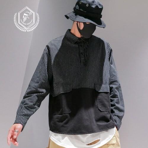 Men Fashion Loose Stripe Print Casual Patchwork Hip Hop Shirts
