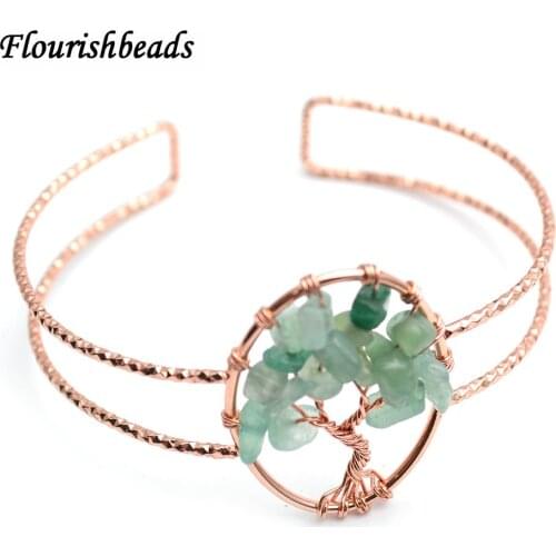 Natural Green Aventurine Stone Chips Chakra Tree of Life Charm Cuff Bangle Bracelet Crystal Healing Jewelry