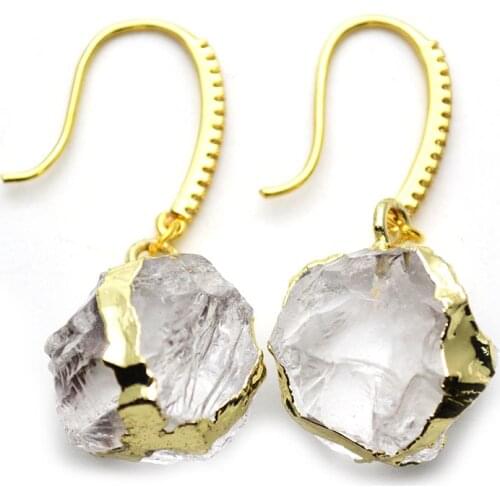 New Natural Rough Quartz Ball Shape Gold Plating Hook Earrings Transparency Crystal Fashion Women Party Gift Jewelry 5pairs