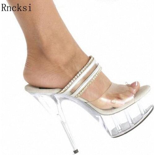 Rncksi Fashionable womens crystal shoes noble Transparent floor 15 cm High heel Slippers Beaded Decoration Dance Shoes