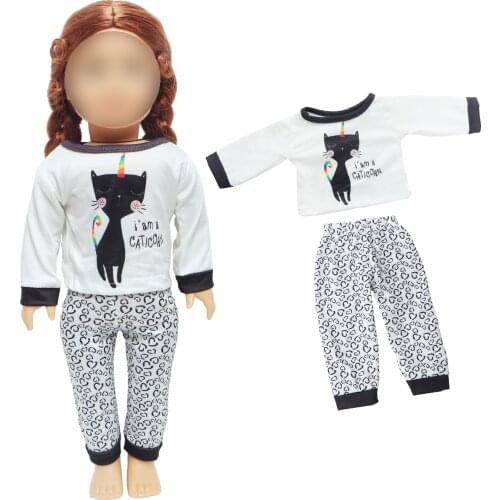 Long Sleeve Cute Cat Pattern Shirt Heart Pants Top Outfit Accessories Pajamas Daily Clothes for American 18 Inch