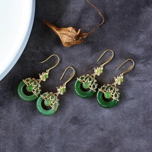 Natural Hetian jade Jasper Earrings Chinese retro court style designer craft original charm womens brand silver jewelry
