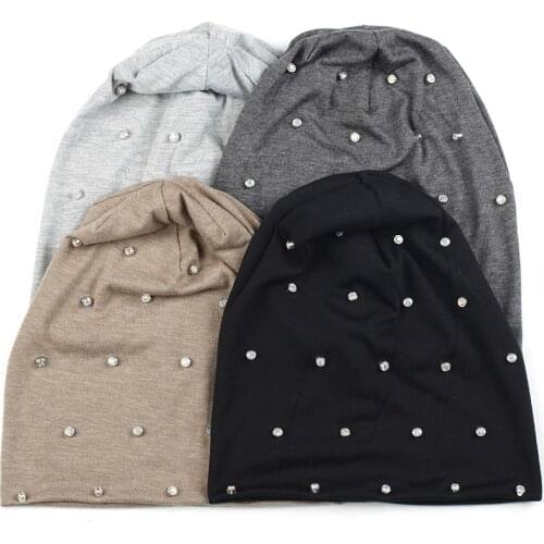 Spring Winter Autumn Beanie Hat Cotton Skull Caps For Adults Woman Beanies Warm With Shining Silver Rhinestone Beads Accessories