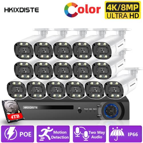 H.265 CCTV Camera Security System Kit 16ch POE 8MP NVR 4K Outdoor Two-way Audio Video Surveillance System Set IP Bullet Camera