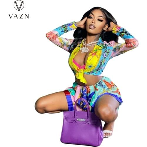VAZN 2021 Sport Running Full Sleeve Special Print Summer Beach Clothing Suits 2 Piece Set Women Top And Pant