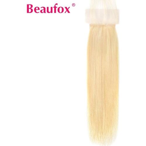 Beaufox 613 Blonde Straight Hair Lace Closure 4x4 Pre-plucked Human Hair Closure With Baby Hairs PU Silk Base Closure Remy
