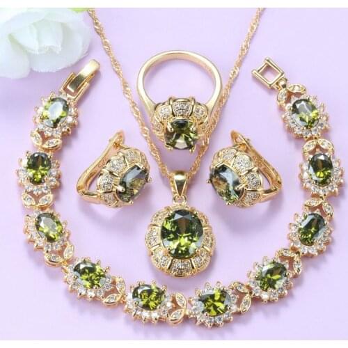 African Bridal Wedding Olive Green Jewelry Sets Luxurious Gold Color Trendy Costume Bracelet Clip Earrings Necklace Women Sets