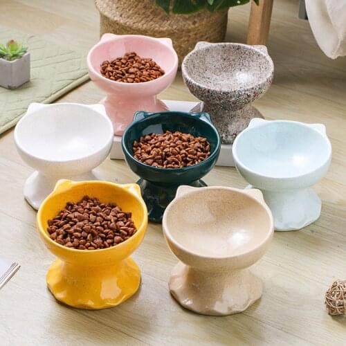 High Foot Cat Feeder Pets Food Bowls Cat Bowl Stripe Ceramic Cat Water Bowl Cat Food Bowls Neck Protection Dog Bowl Pet Supplies