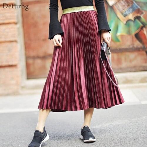 Womens Fashion Solid Color Midi Skirt Ladies Elastic High Waist Velour Chic Pleated Skirts Saias Faldas 2020 Spring New SK170