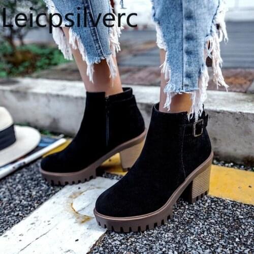 Womens Boots Autumn And Winter The New fashion Round head zipper belt buckle Thick heel High heel Womens shoes plus size 32-43