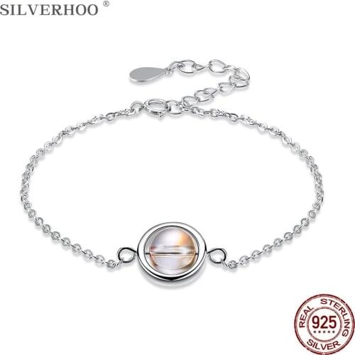 SILVERHOO Real 925 Sterling Silver Womens Bracelet Rotatable Ball Orange Austria Crystal Charm Bracelets Trendy Silver Jewelry