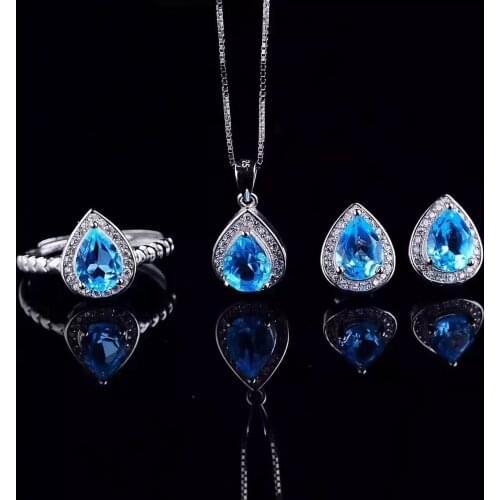 Fidelity Natural blue topaz s925 sterling silver fashion fine jewelry sets for women party natural gemstone ring Pendant