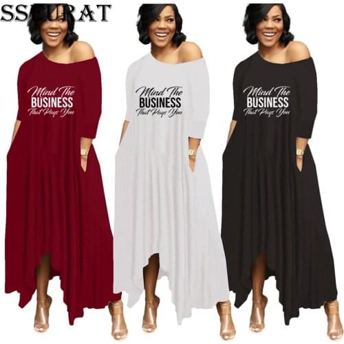 SSEURAT Women Long Dress Letter Print Short Sleeve O-neck Loose Asymmetrical Maxi Midi Dresses with Pockets Fashion Streetwear