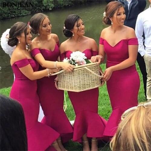 Sexy Long Mermaid Red Bridesmaids Dresses 2019 New Tea Length Ruffles Off The Shoulder Bridesmaid Dress Prom Party Gown