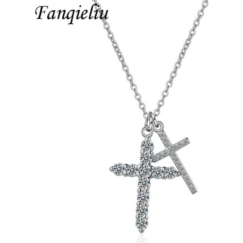 Fanqieliu Double Cross Christian Jewelry Crystal Pendant Necklace Long Chain 925 Sterling Silver Necklace For Women FQL20374