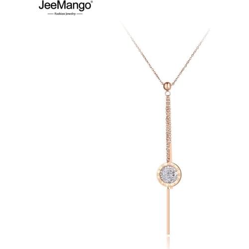 JeeMango Original Titanium Steel Roman Numeral Tassel Necklaces Jewelry Rhinestone Pendant Chain Necklace For Women JN19076