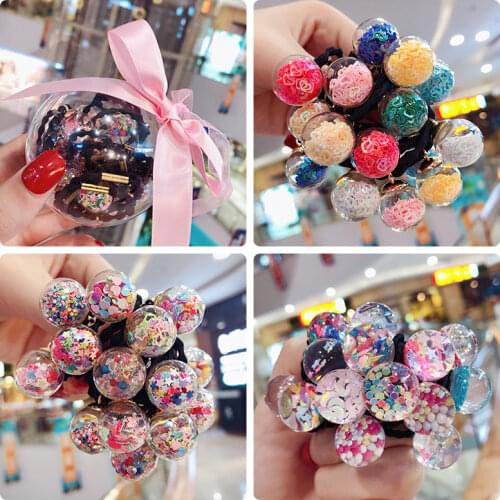 10Pcs/Set Children Cute Quicksand Glass Ball Hair Bands Baby Girls Lovely Cartoon Scrunchies Rubber Bands Kids Hair Accessories
