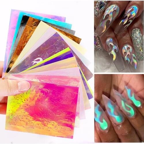 16pcs 3D Flame Nail Sticker Holographic Fire Leaf Nail Art Transfer Decals Self-Adhesive Thin Laser Stripe Decoration Stickers