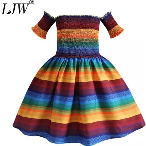2021 Girls Dress For Summer New European and American Style Girls Rainbow off-shoulder Pleated Princess Dress