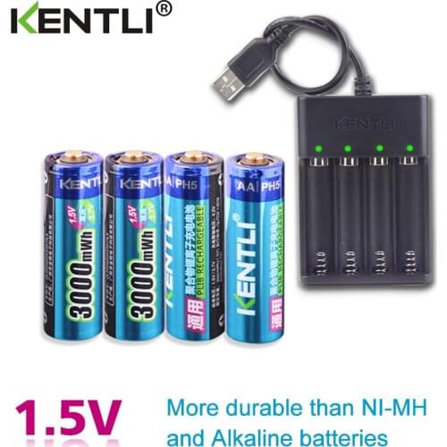 4pcs KENTLI AA 1.5V 3000mWh polymer lithium li-ion rechargeable batteries battery+4 slots USB li-ion battery charger
