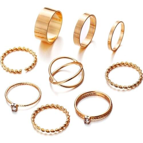 9 Pcs/Set Fashion Geometric Round Knuckle Rings Set For Women Vintage Crystal Twist Weave Finger Ring Female Jewelry Gifts