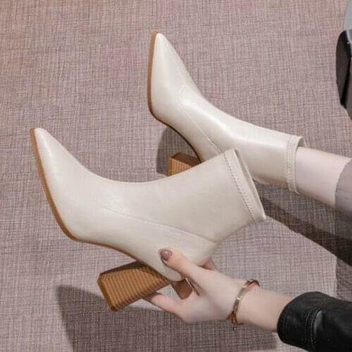 Comemore White Short Boots Womens Thick Heel Spring Autumn Single Boots New Pointed High Heels Nude Boots Mid-heel Martin Boots