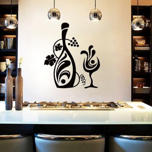 Bottle Of Grapevine Wine And A Glass Wall Sticker Creative Design Floral Wall Decals Kitchen Wall Decor Living Room Decoration