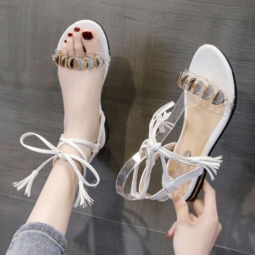 COOTELILI Woman Sandals Flats Shoes 2021 New Fashion Summer Shoes Women Flat 2cm Heel Round Toe Lace Up Plus Size 40 41 42