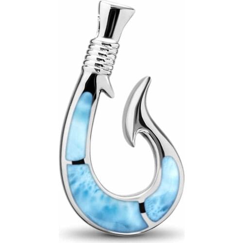 Hot Selling 925 Sterling Silver Natural Dominica Larimar Fishhook Pendant Necklace For Women Gift