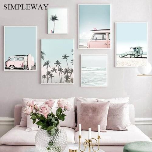Sandy Beach Canvas Wall Art Poster Nordic Style Print Surfboard Palm Painting Tropical Travel Bus Decoration Picture Home Decor