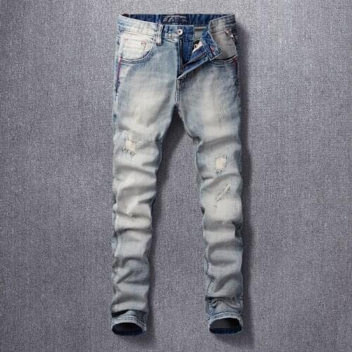 Italian Style Fashion Men Jeans Retro Light Gray Blue Elastic Slim Ripped Jeans Men Patch Vintage Designer Casual Denim Pants