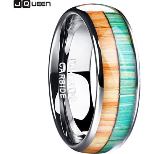 JQUEEN New Style Polished Orange Green Double Color Wood Grain Dome Tungsten Steel Ring For Men Wedding Bands Jewelry
