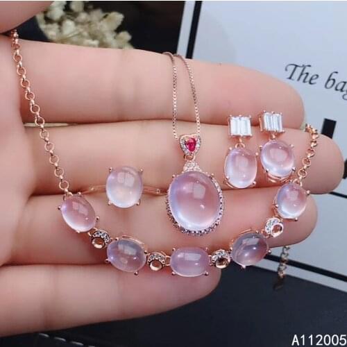 KJJEAXCMY Fine Jewelry 925 sterling silver inlaid natural Rose Quartz ring pendant earring bracelet set popular supports test