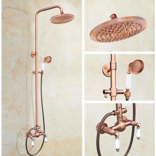 Red Copper Bathroom Shower Faucet 8" Rainfall Shower Mixer Tap with Brass Handshower Wall Mounted Bath Shower System zrg586
