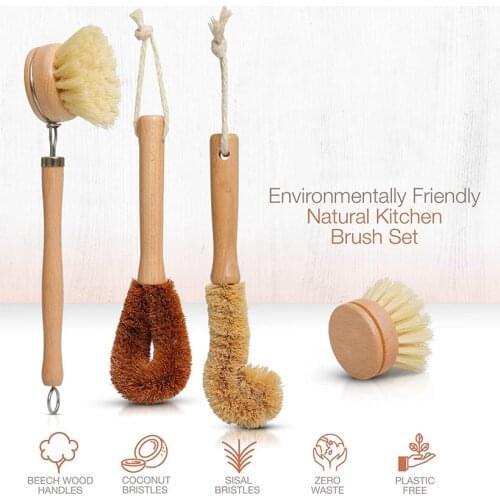 Natural Fiber Cleaning Brush Set Pot Dish Scrub Brush with Handle and Flannel Bag Kitchen Brushes Kitchen Cleaning Brush