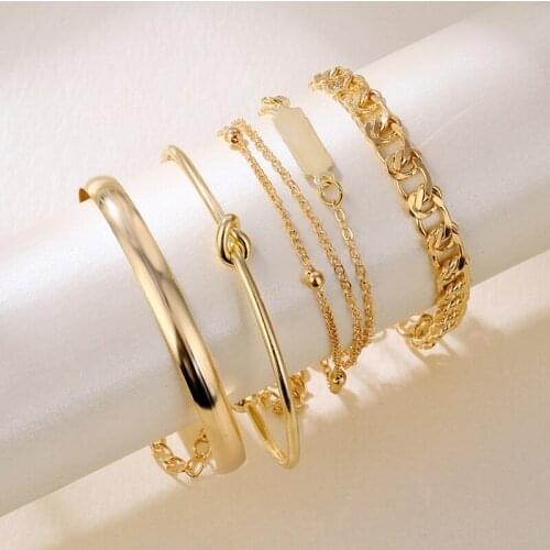 FAMSHIN 2021 Bohemian Gold Bracelets Set Cuff Bangles Metal Chain Geometric Jewelry for Women Birthday Gift Friend Accessories
