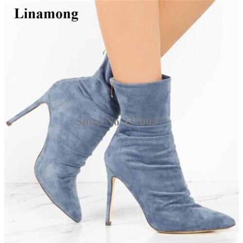 New Fashion Women Pointed Toe Blue Denim Thin Heel Short Boots Back Zipper-up Super High Heel Ankle Boots Street Shoes