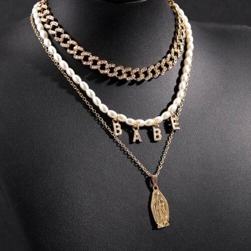 DIY Name Letter Pearls Beaded Choker Necklaces For Women Golded Multilayer Virgin Mary Thick Cuban Link Chain Necklace Jewelry