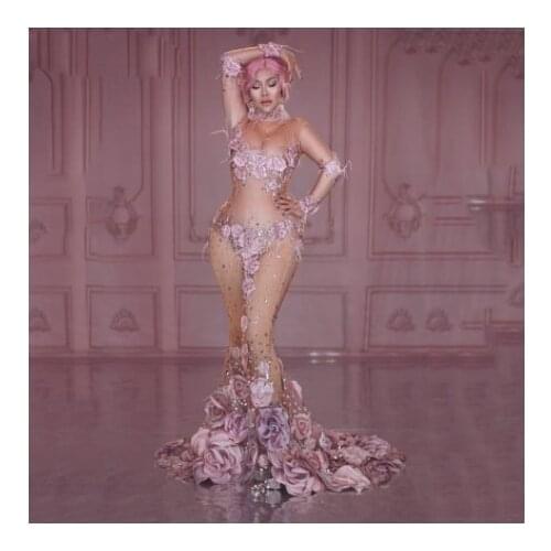 See Through Long Dress Pink Flowers 3D Pattern Mesh Stretch Birthday Party Dress Women Singer Performance Costume