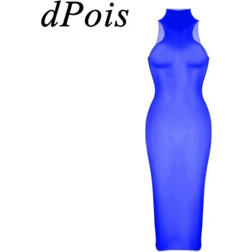 Womens See Through Stocking Dress Sheer Lingerie Ultra-thin Silky Sleeveless Stretchy Midi Bodycon Dress Female Sexy Nightwear